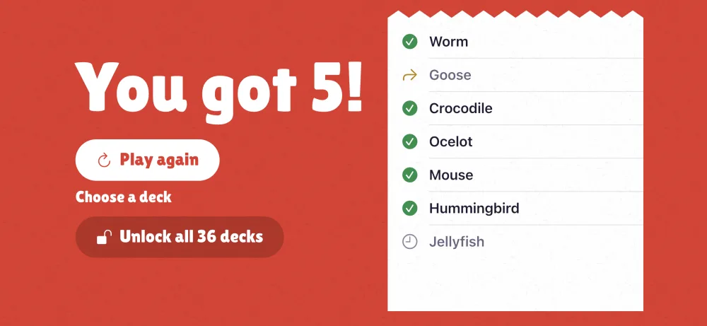 The results screen: You got 5! beside a paper slip listing each word, with a green check for guessed words and an arrow for passed ones.